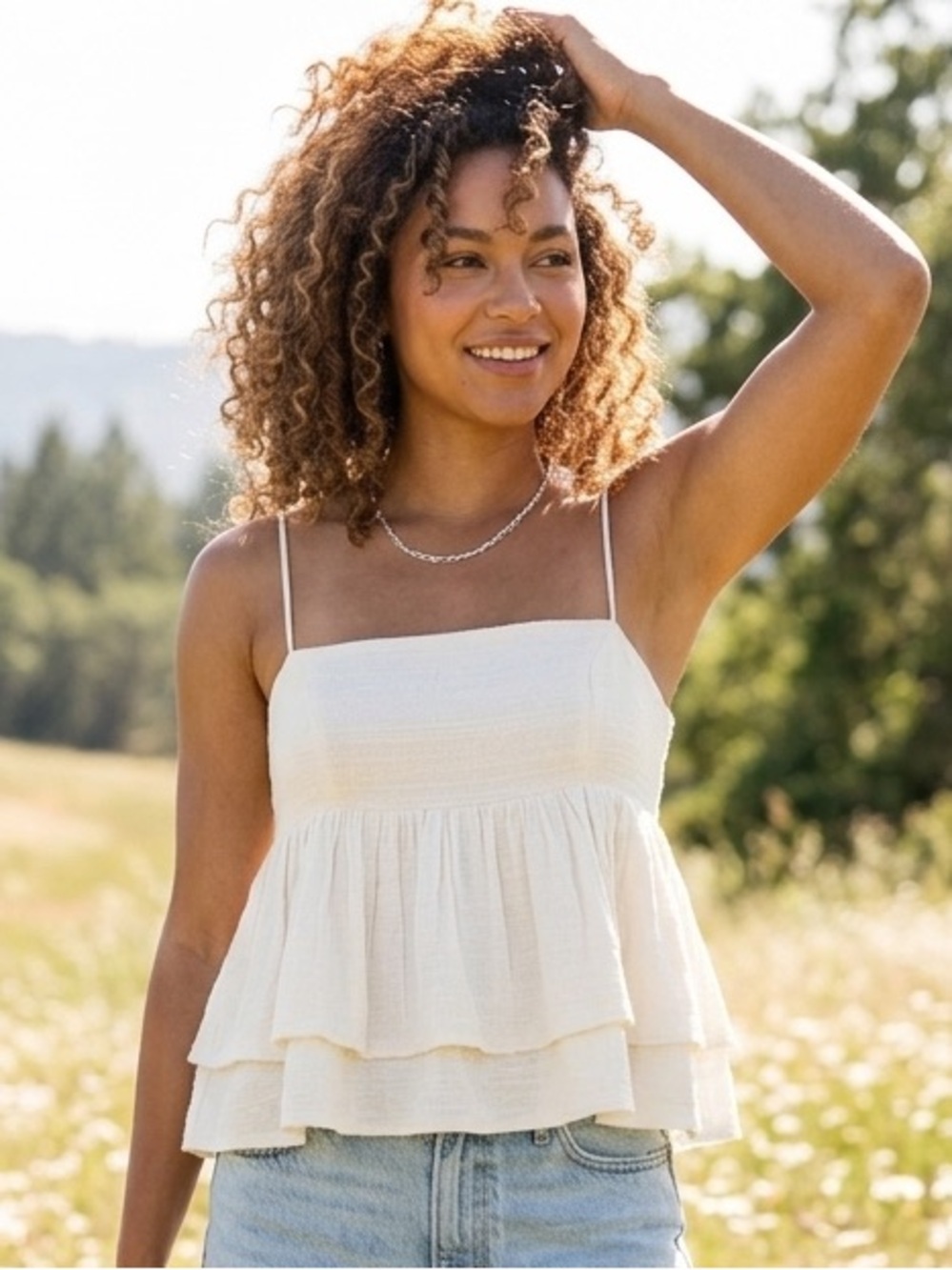 Urban Outfitters Size Small Olivia Tiered Peplum Babydoll Ruffle Cami Top White